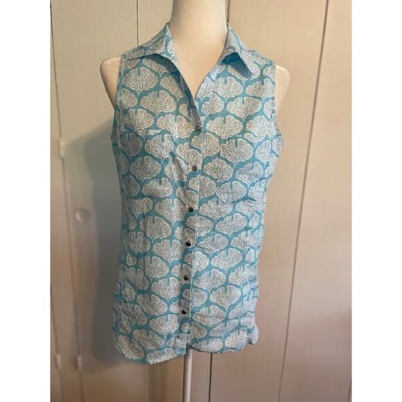 Coral Bay Size Small Linen Sleeveless Button Front Shirt Turquoise & White - Picture 1 of 6
